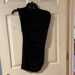 Zara Black Asymmetrical Sleeve with Ruching Mesh Top